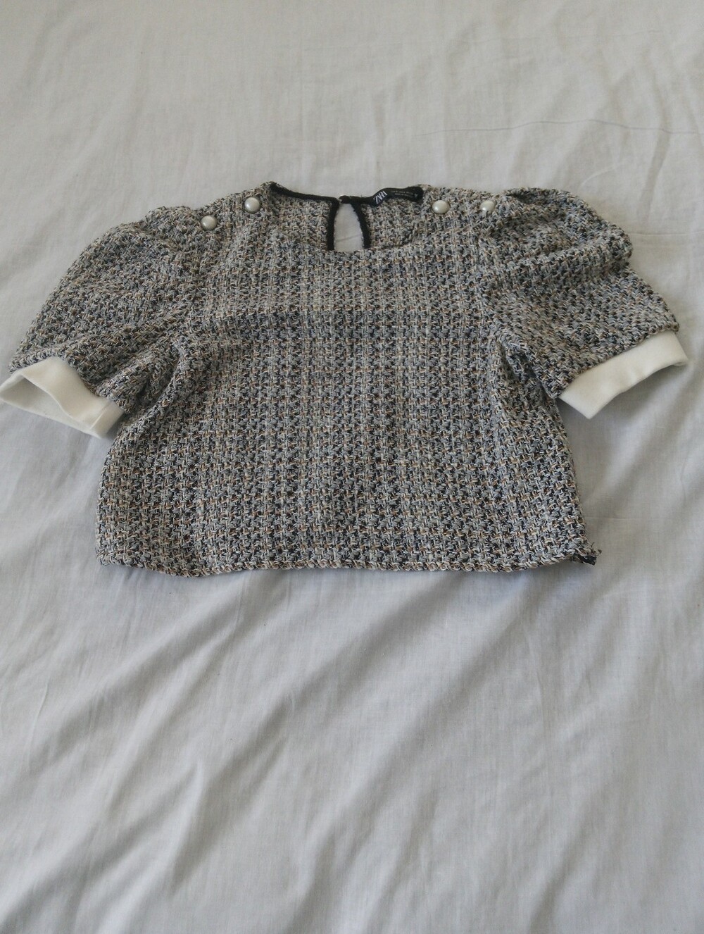 Zara Multicolor Bouclé Puff-Sleeve Top with Pearl Buttons